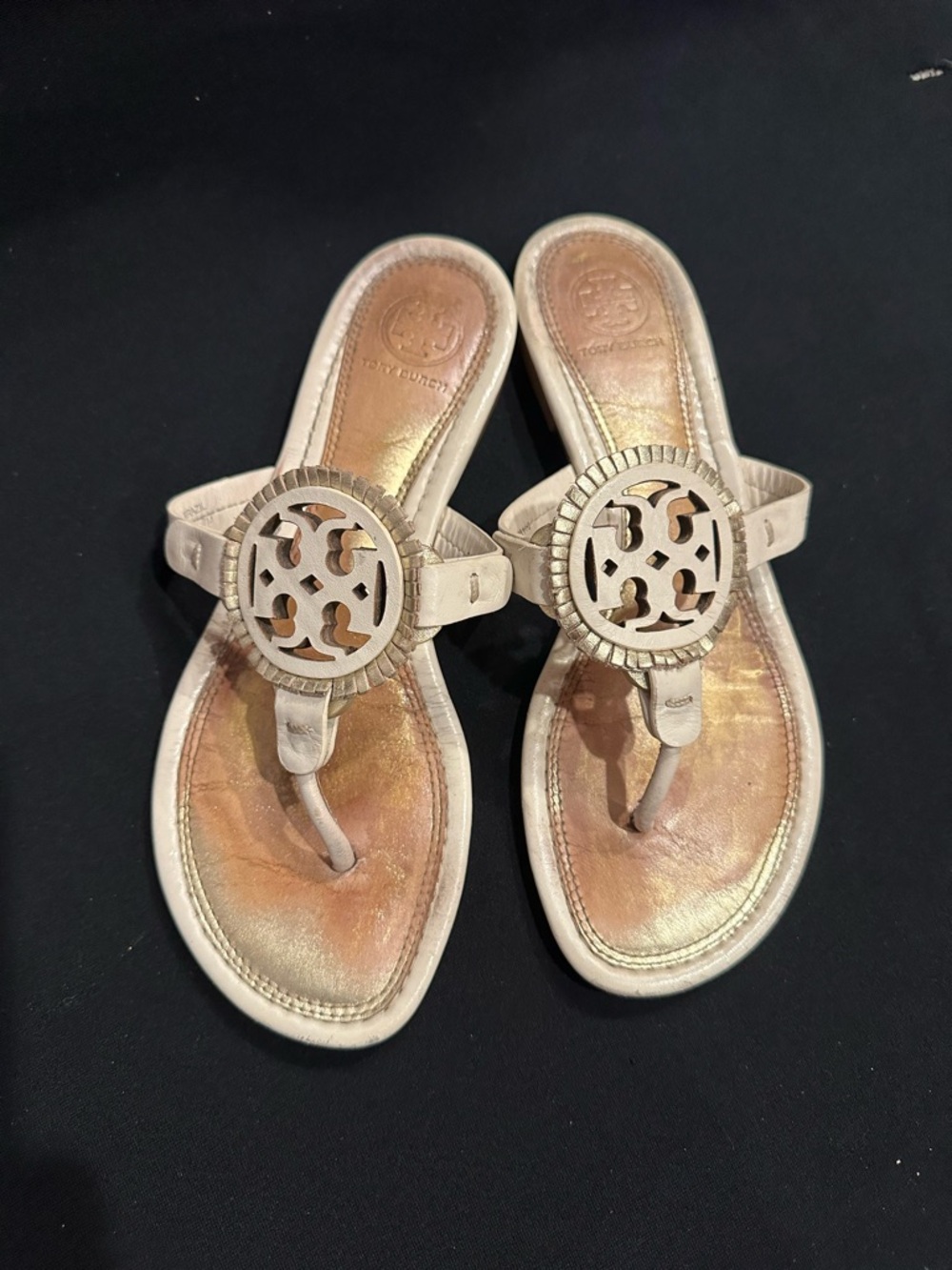 Tory Burch gold Metallic Beige fringe Miller Thong Sandals 7